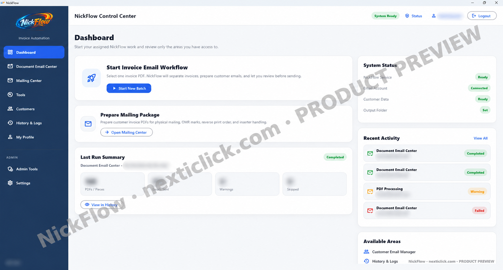 Protected and watermarked NickFlow Control Center product preview